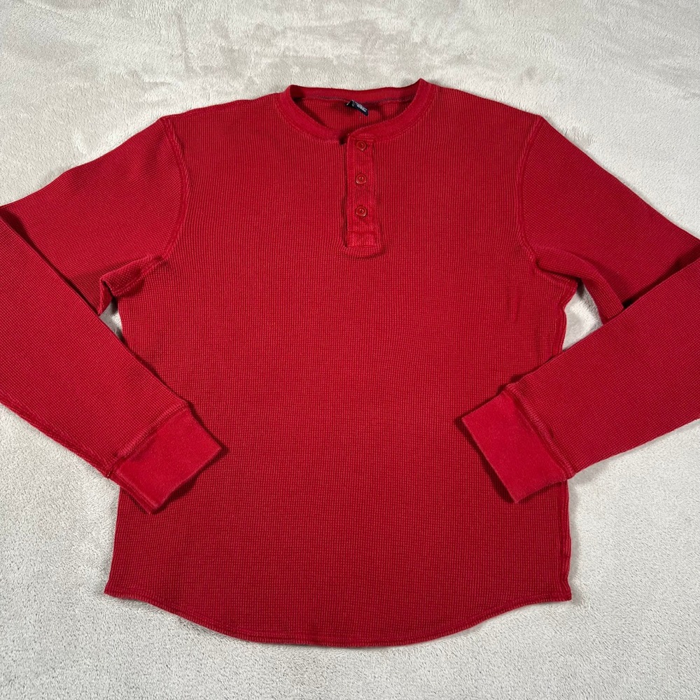 Vintage Gap Waffle Knit Henley Shirt Men's Medium Red Long Sleeve Cotton Thermal